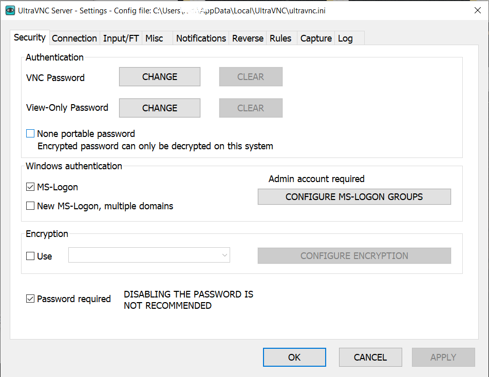 Admin Properties dialog